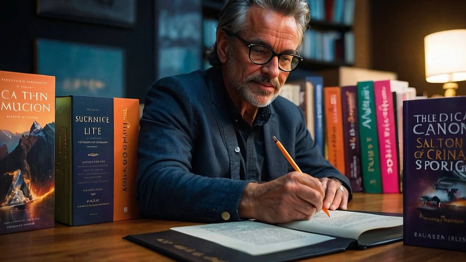 Author signing copies of a book at a signing event