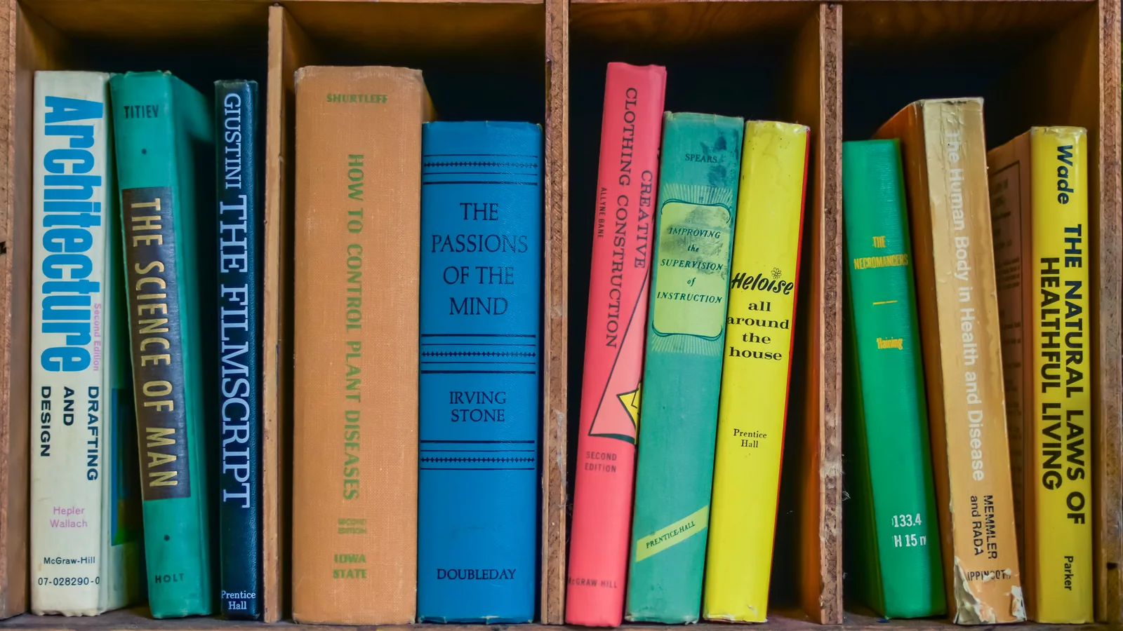 Book spines lined up on a shelf, representing book spine design