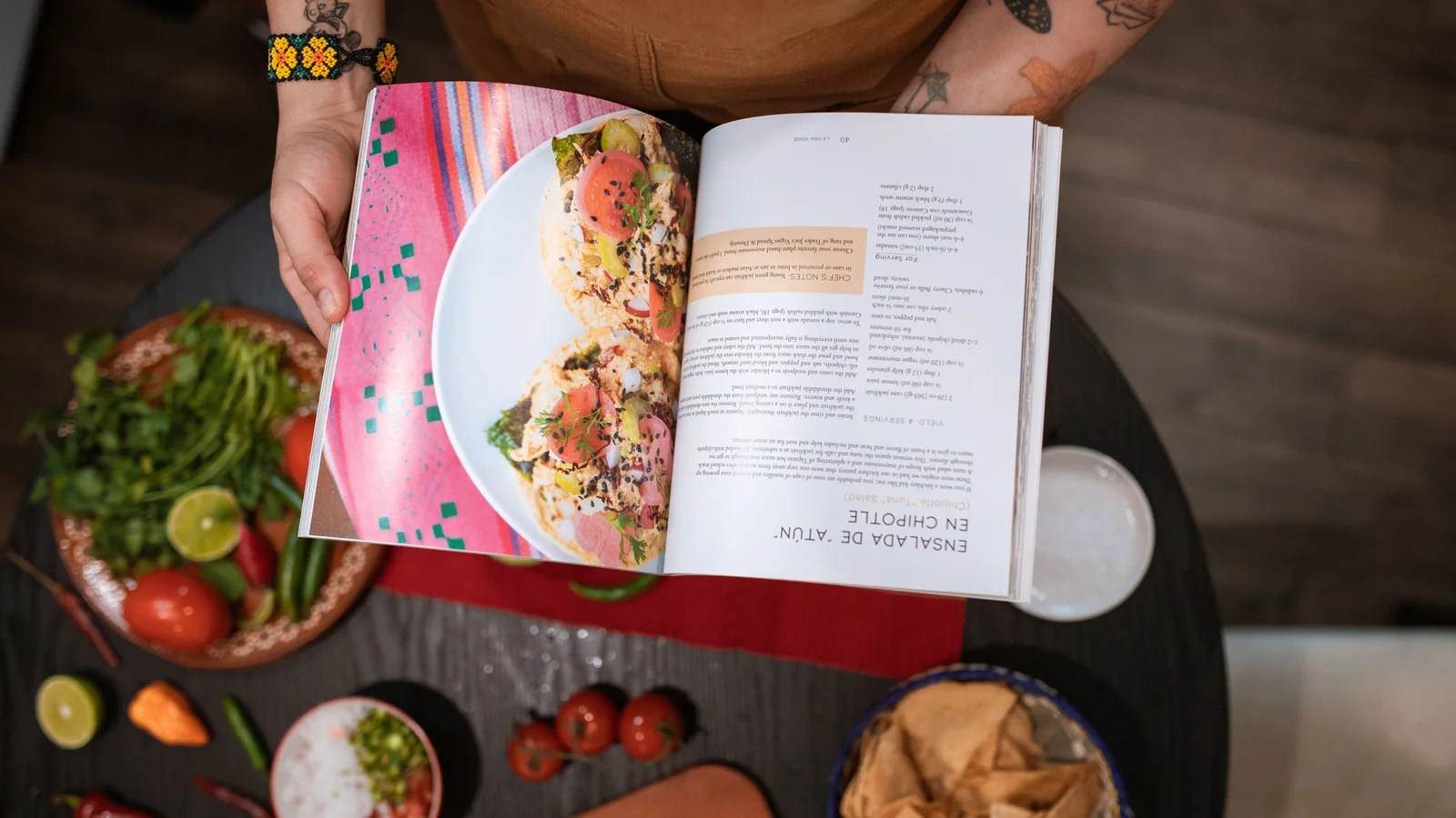 Ingredients and a recipe laid out on a kitchen counter, representing cookbook formatting