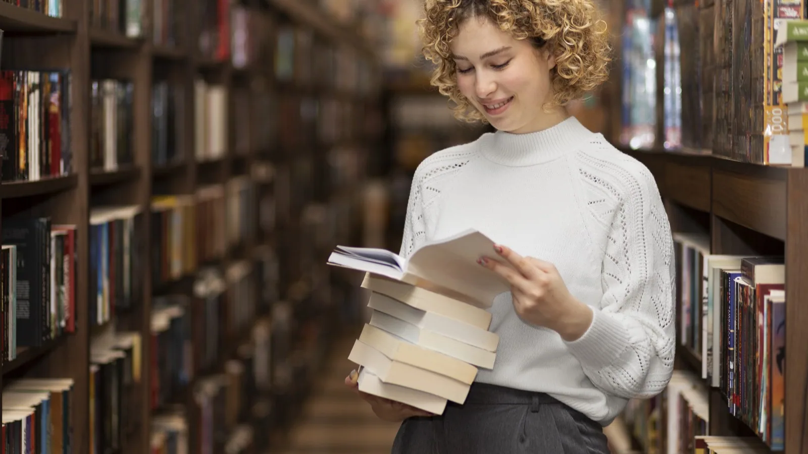Young librarian organising books on a shelf