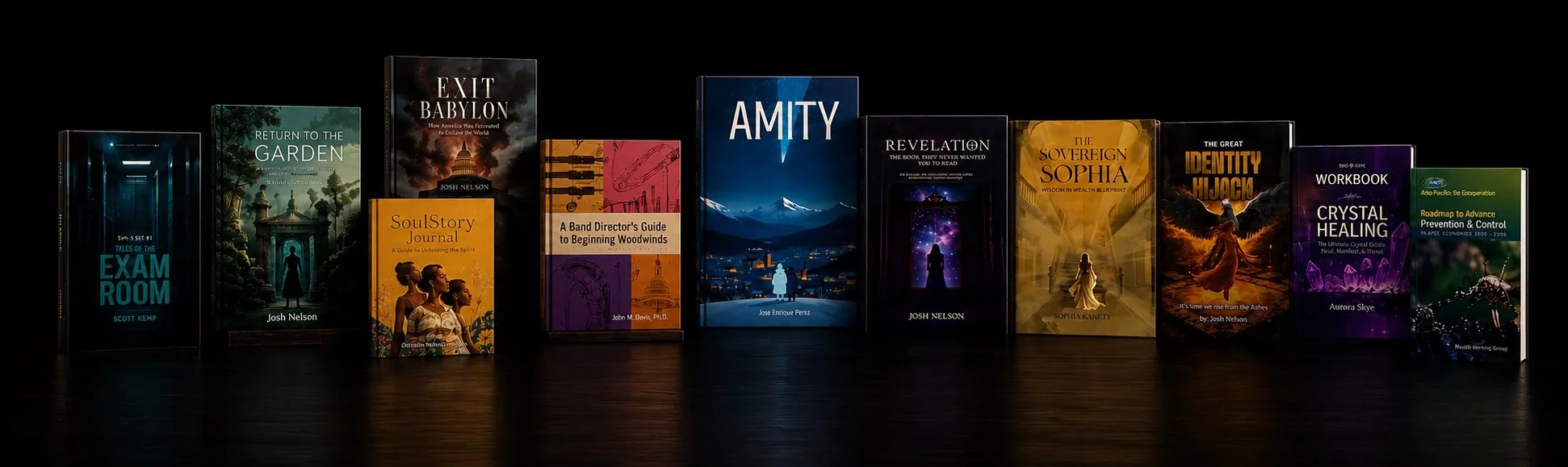 A lineup of books and reports designed by Andromeda